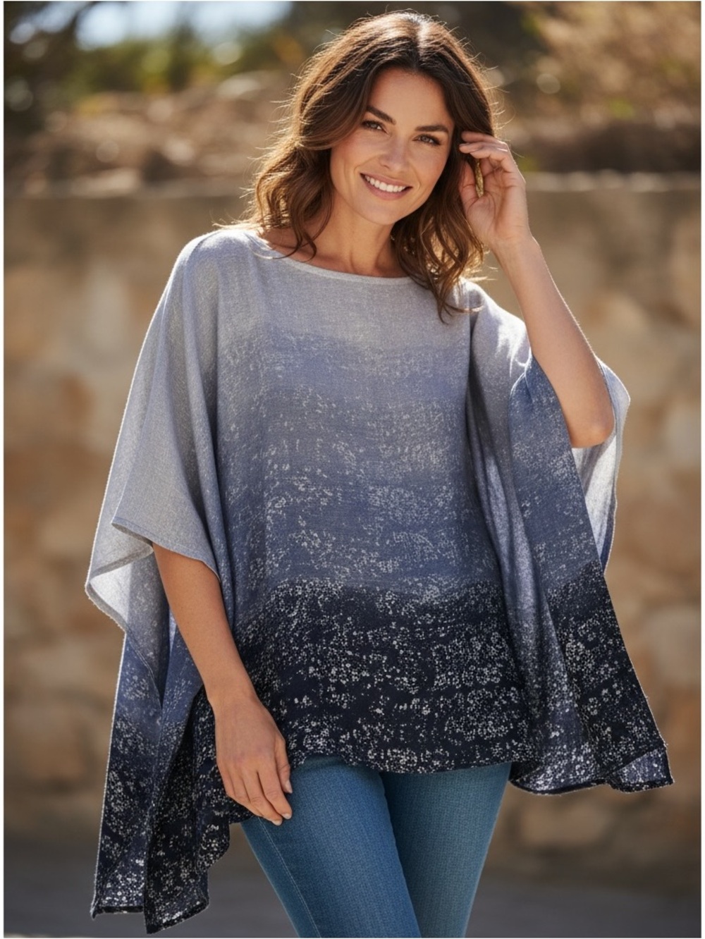 J. JILL XS/S Pure Jill Linen Ombre Airy Weave Gradient Poncho Sweater Blue